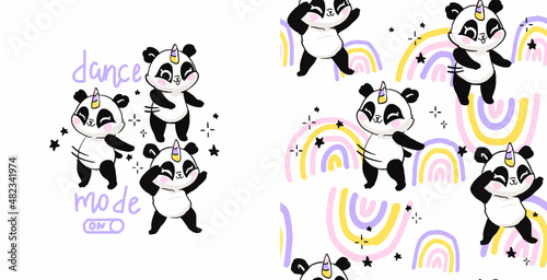 vector illustration. Print and pattern set. Cute pandas with unicorn horn dancing.Lettering dance mode on . Can be used as a design for children's clothing 
