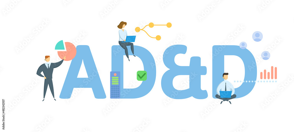 AD and D, Accidental Death and Dismemberment. Concept with keyword, people and icons. Flat vector illustration. Isolated on white. AD and D, Accidental Death and Dismemberment. Concept with keyword, people and icons. Flat vector illustration. Isolated on white.