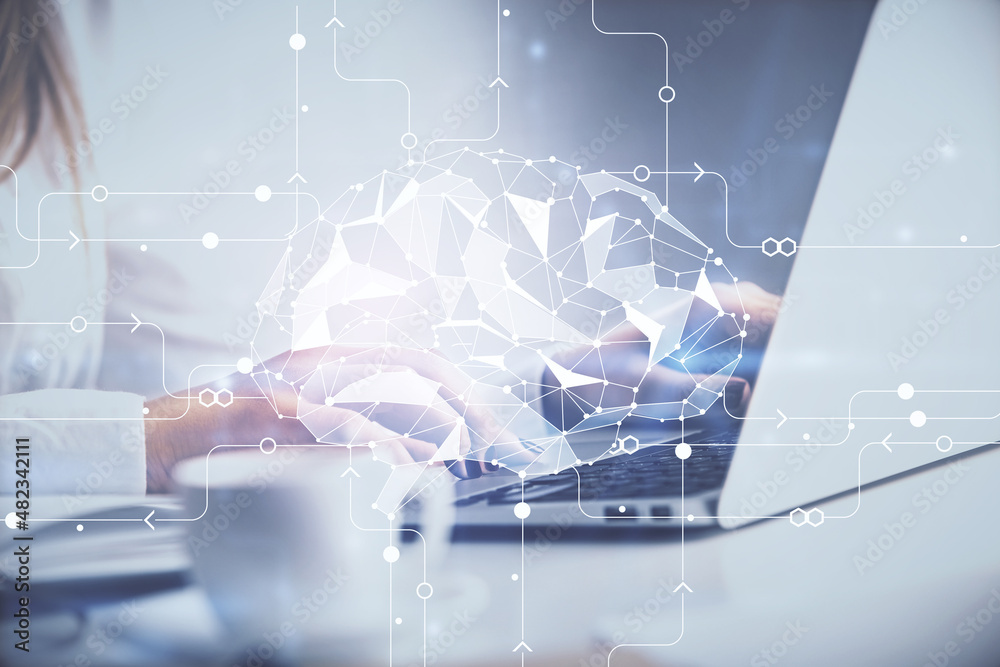 Multi exposure of woman hands working on computer and human brain hologram drawing. Ai tech concept. Multi exposure of woman hands working on computer and human brain hologram drawing. Ai tech concept.