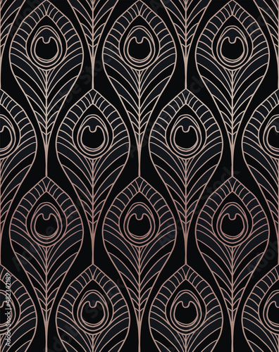 seamless pattern of stylized black and gold peacock  feathers