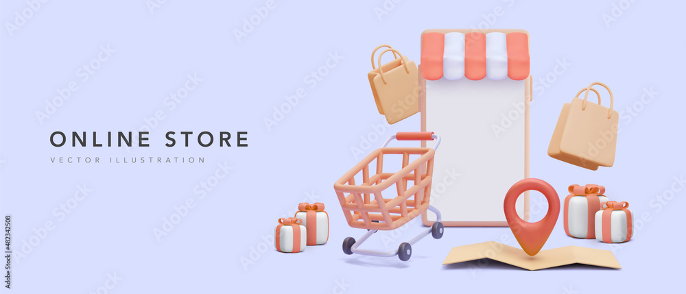 Mega sale banner for your online store in 3d realistic style with phone, map, cart, bag, gift. Vector illustration