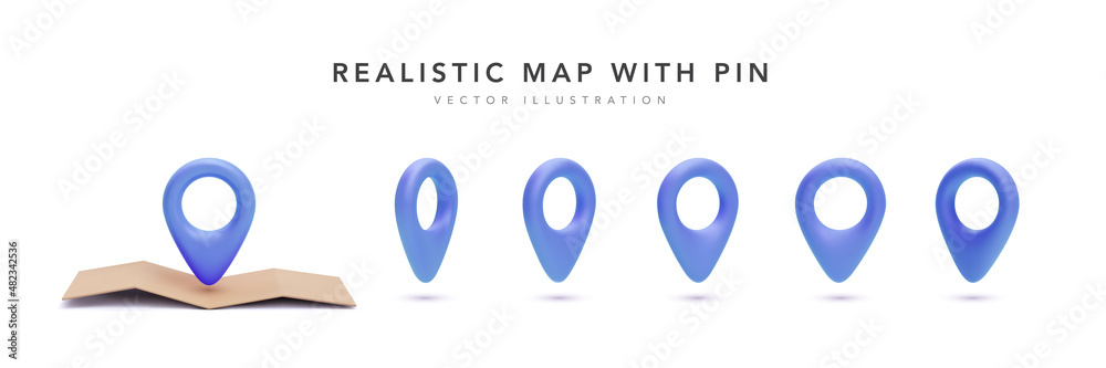Realistic 3d map with set of blue pointer in different views isolated on white background. Vector illustration Realistic 3d map with set of blue pointer in different views isolated on white background. Vector illustration