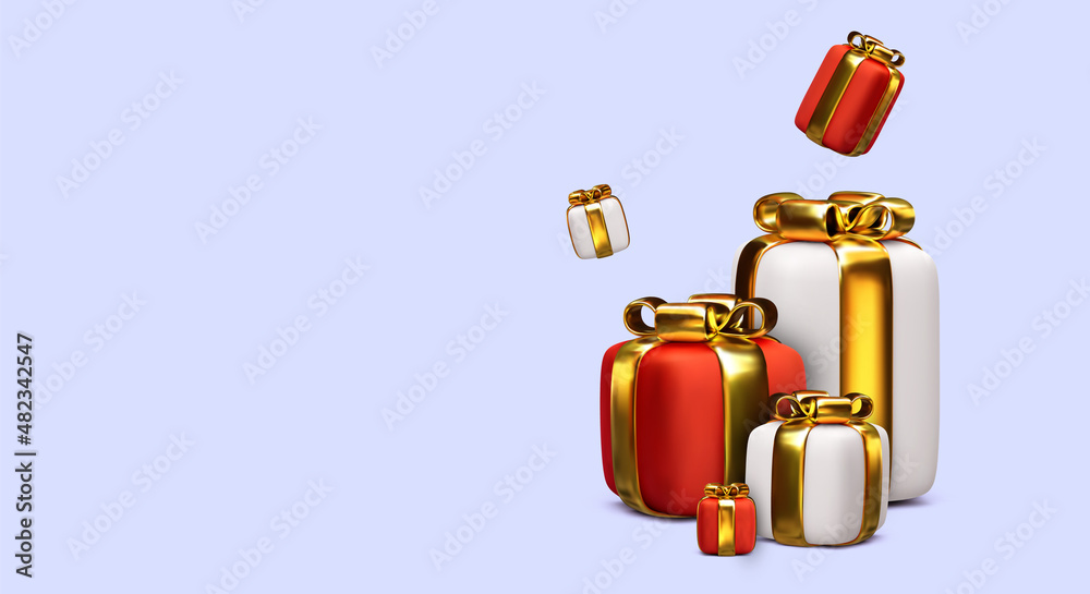 Obraz premium Realistic pile white and red gifts boxes. Decorative festive object. New Year and Christmas design. Vector illustration