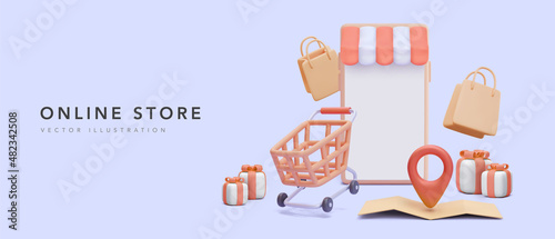 Mega sale banner for your online store in 3d realistic style with phone, map, cart, bag, gift. Vector illustration
