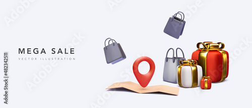 Banner for mega sale from your store with location market, gift bags, gifts in 3d realistic style. Vector illustration