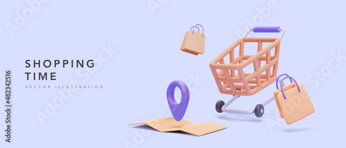 Shopping time banner with realistic 3d map, cart and gift bags. Vector illustration