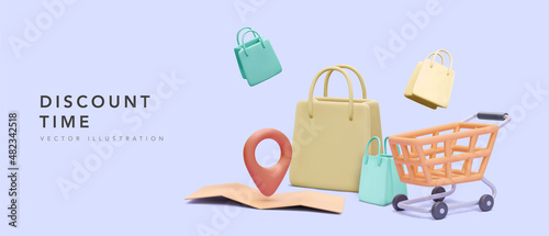 Discount time banner with gift bags, cart and location your store in 3d realistic style. Vector illustration