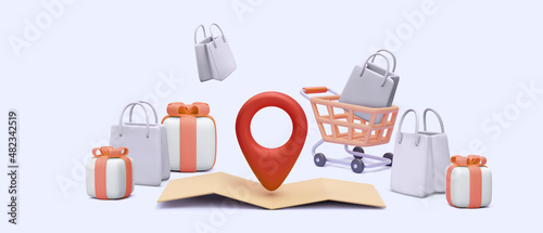 Banner for store with cart, gift boxes, store, map with pointer in 3d realistic style on light blue background. Vector illustration