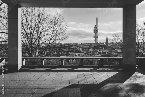 Žižkov area with TV tower in Prague, Czechia. Architecture and landmark of Prague.
