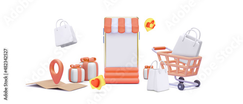 Large sale word with shopping cart, gift boxes, store, map with pointer in 3d realistic style. Vector illustration
