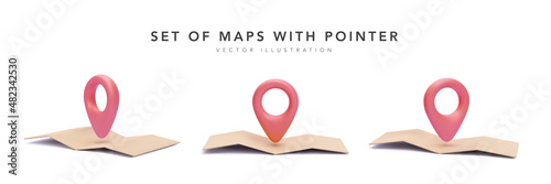 Set of 3d realistic maps with shadow and pointer in different views. Vector illustration