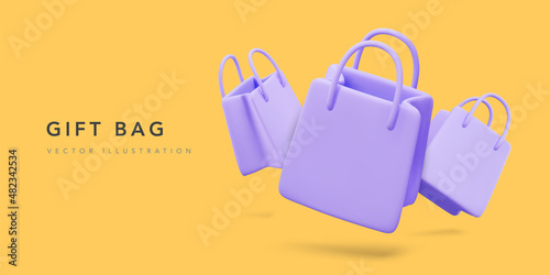 Banner for online shopping with 3d realistic gift bags. Vector illustration