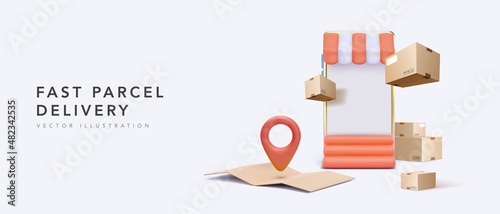Banner for fast delivery with store in phone, parcels, location in 3d realistic style. Vector illustration
