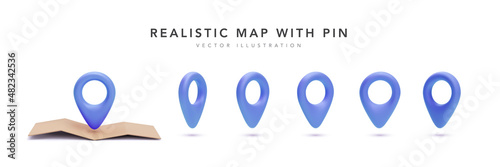 Realistic 3d map with set of blue pointer in different views isolated on white background. Vector illustration photo