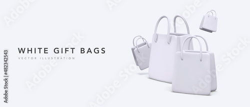 White 3d realistic gift bags isolated on white background. Vector illustration