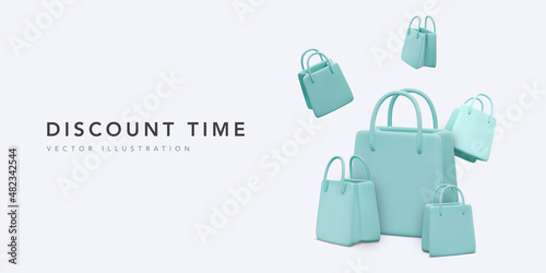 Set of 3d realistic colorful empty shopping bags. Vector Illustration