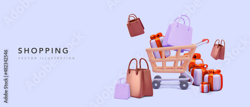 Template banner for online store with shopping cart with purchases, gifts, boxes. Delivery from a supermarket. Vector illustration