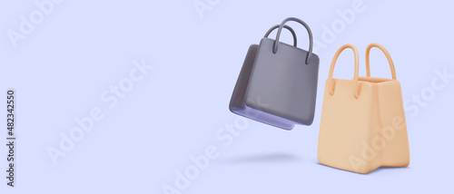 Online shopping banner with 3D realistic paper bags. Vector illustration