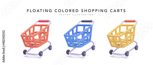 Set of floating coloured shopping carts isolated on white background in 3d realistic style. Vector illustration