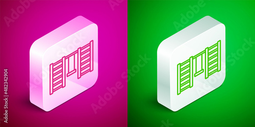 Isometric line Wooden Swedish wall icon isolated on pink and green background. Swedish stairs. Silver square button. Vector