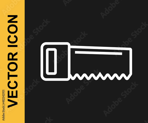 White line Hand saw icon isolated on black background. Vector