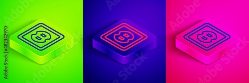 Isometric line Electrical outlet icon isolated on green, blue and pink background. Power socket. Rosette symbol. Square button. Vector