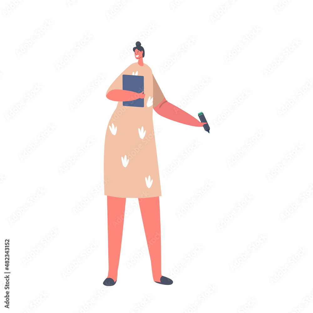 Good Looking Adult Woman Teacher, Office Worker or Business Coach Female Character Wear Dress Holding Tablet Good Looking Adult Woman Teacher, Office Worker or Business Coach Female Character Wear Dress Holding Tablet