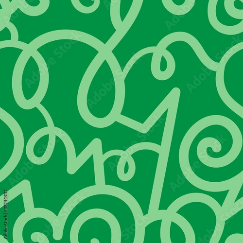 Seamless abstract pattern on green background. Vector doodle image. Graphic linear wallpaper.