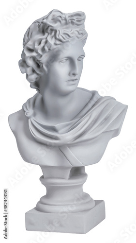 Head of gypsum statue of greek god Apollo isolated on a white background. Antique statue.