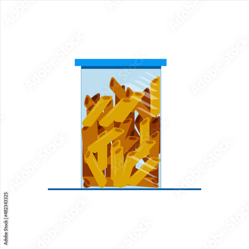 dry pasta, tubules, in a glass transparent closed jar