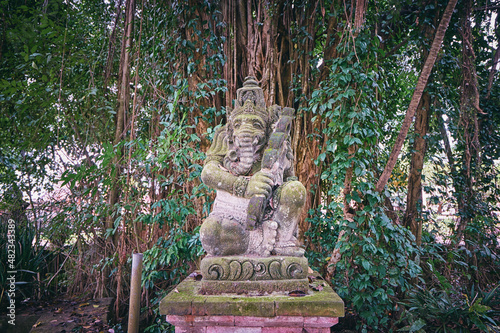 Religious decoration. Traditional stone sculpture of Ganesha god in jungle. Bali, Indonesia. photo