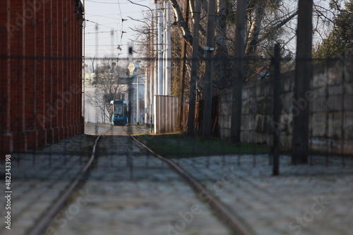 tramway, tram station, trees, road, fence, gates, train, city, 