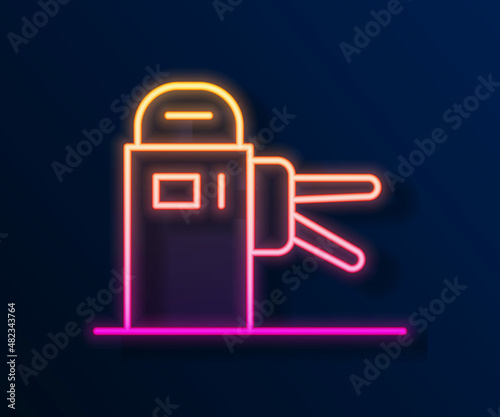 Glowing neon line Turnstile icon isolated on black background. Vector