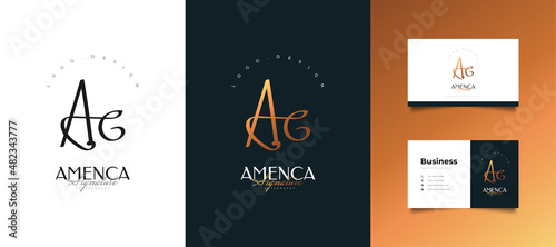 Elegant Gold AC Initial Logo Design with Handwriting Style. AC Signature Logo or Symbol for Wedding, Fashion, Jewelry, Boutique, Botanical, Floral and Business Identity