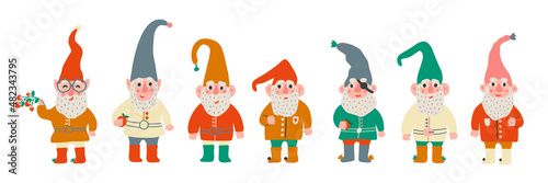 Set of little garden gnomes with beard. Collection of cute elfs holidays gnomes with hats. Flat cartoon vector illustration. Drawing for children.