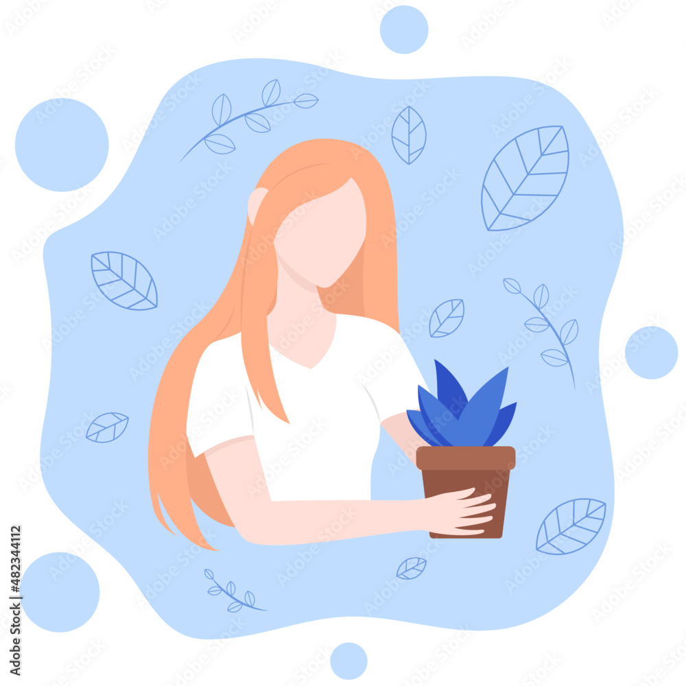Vector girl holding a plant in a pot