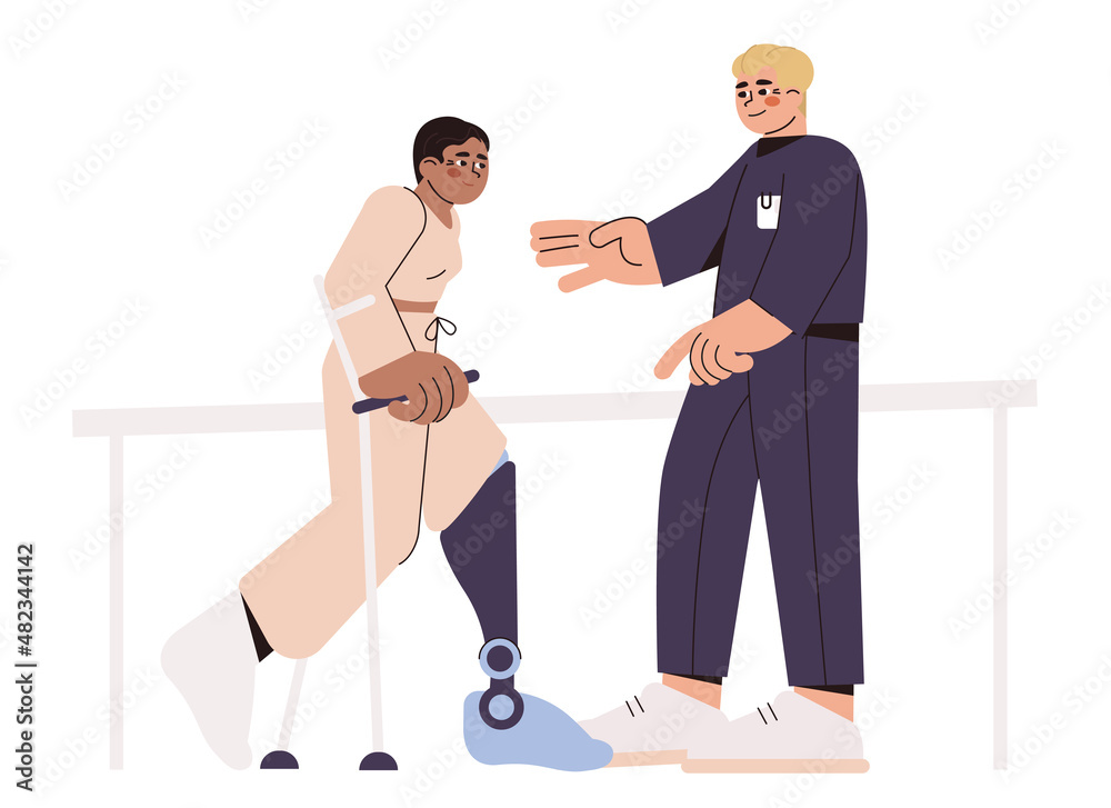 Flat physiotherapy doctor help patient to walk on prosthesis. Guy with crutches after amputation surgery. Man with prosthetic leg perform exercises for mobility. Physical rehabilitation center concept
