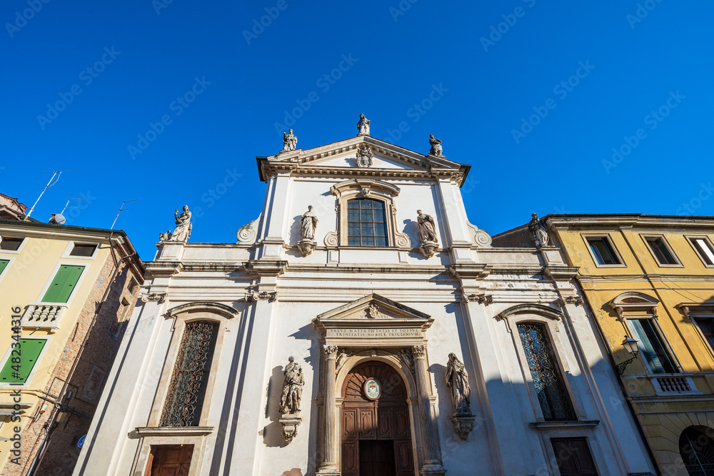 Vicenza. Main facade of the Church of Santa Maria dei Servi (Chiesa di Santa Maria in Foro detta dei Servi) in Renaissance style, 1407-1425, Piazza dei Signori, Veneto, Italy, Europe.
