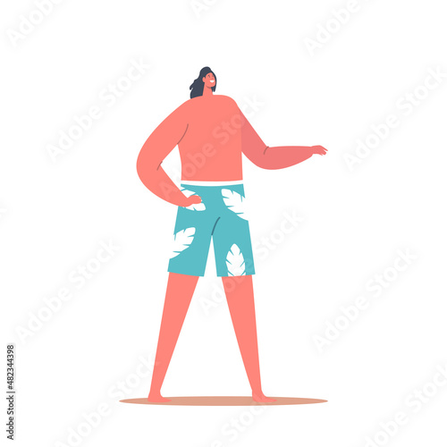Young Male Character Wear Swimming Shorts with Naked Torso Stand on Beach, Man on Summer Vacation, Resort Holidays