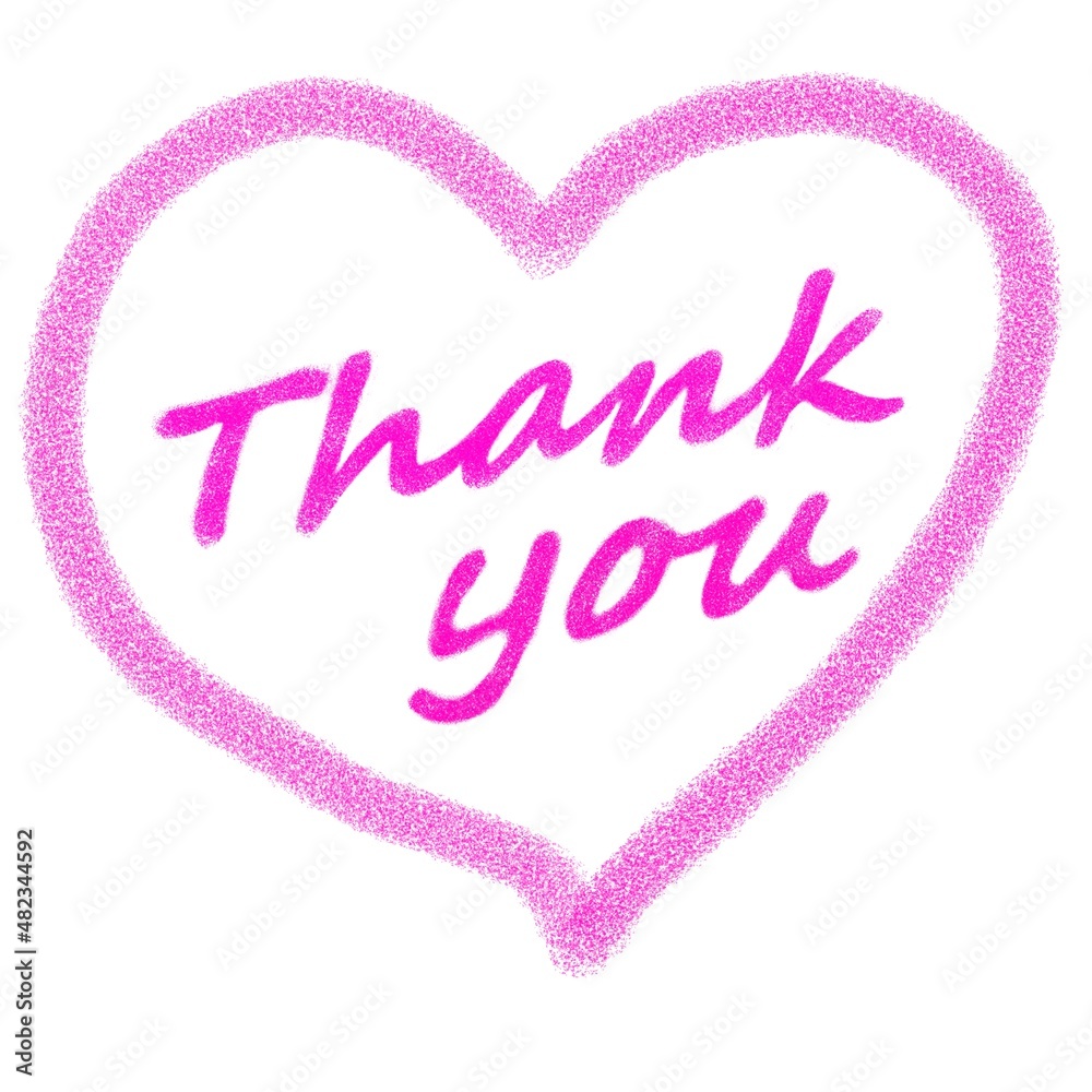 ハートマークと「Thank you」の文字、ピンクのクレヨンで描かれたイラスト