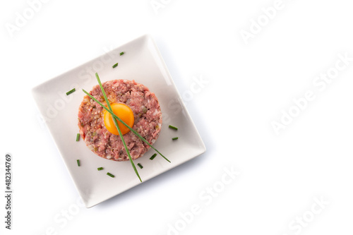 Beef steak tartare isolated on white background. Copy space