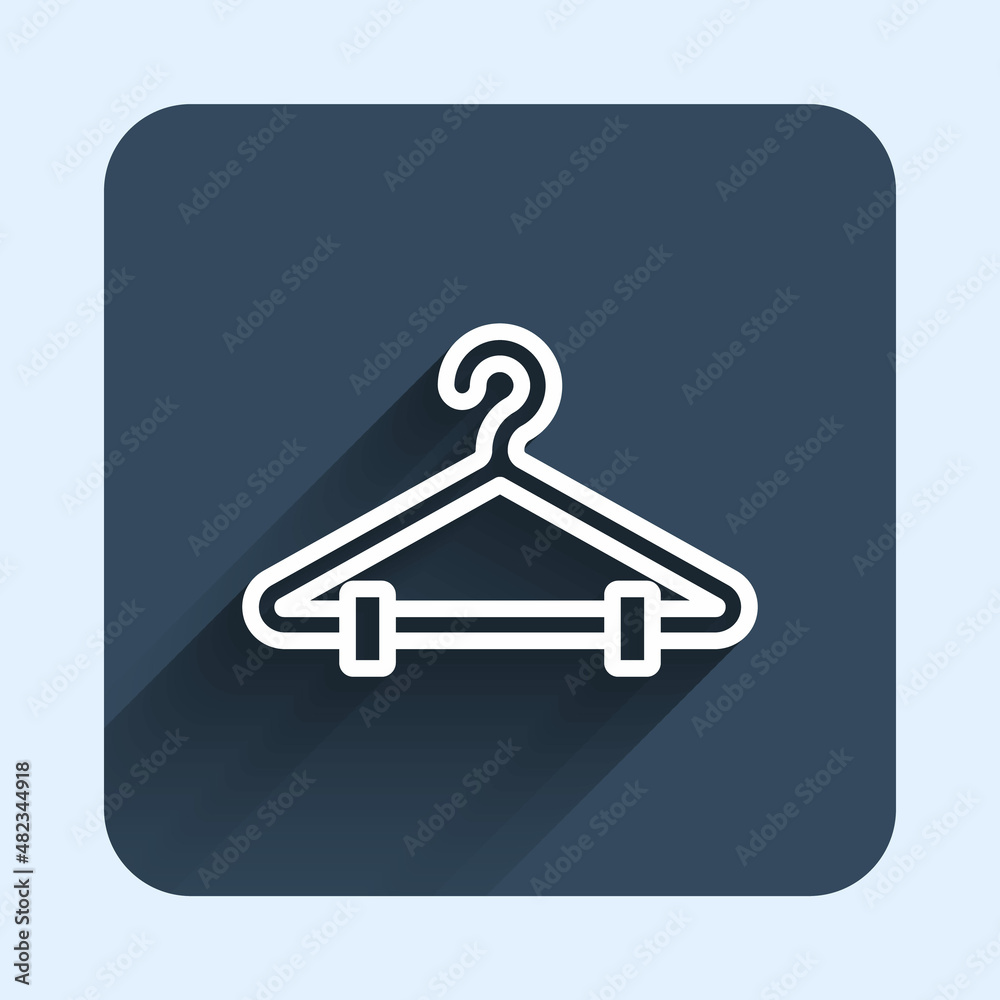 White line Hanger wardrobe icon isolated with long shadow background. Cloakroom icon. Clothes service symbol. Laundry hanger sign. Blue square button. Vector White line Hanger wardrobe icon isolated with long shadow background. Cloakroom icon. Clothes service symbol. Laundry hanger sign. Blue square button. Vector