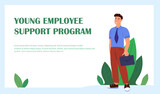 Young Talented Employee Landing Page Template.Growing Talent Concept.Male Character Business Man Stands with Briefcase.Personal Development,Grow in Green Plant,Career. People Vector Illustration