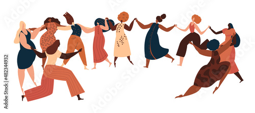 Happy International Woman Day Party.Confident Women Dancing in Female Circle Together.Eight of March Celebration. Protect Free Confident Women. Feminine, Female Empowerment Flat Vector Illustration
