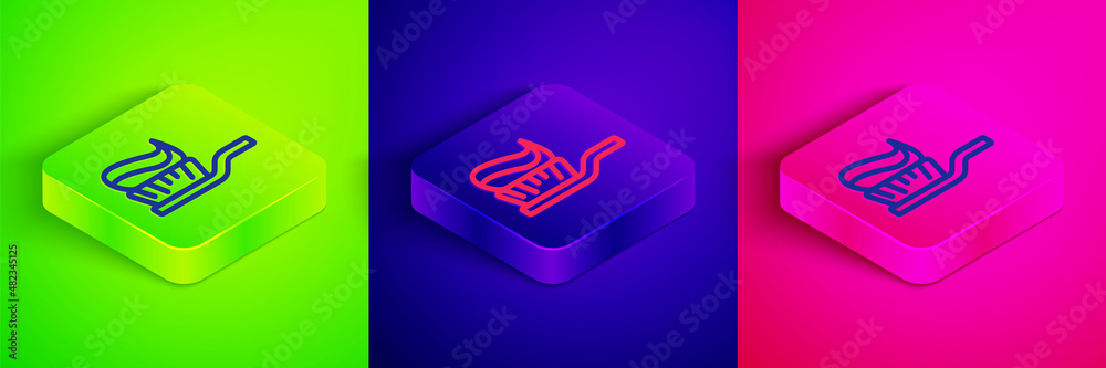 Isometric line Toothbrush with toothpaste icon isolated on green, blue and pink background. Square button. Vector Isometric line Toothbrush with toothpaste icon isolated on green, blue and pink background. Square button. Vector
