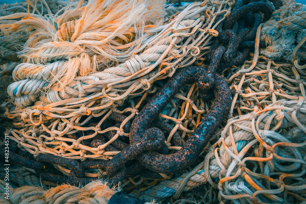 Fishing nets with ropes and chains