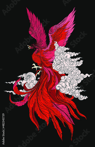 Phoenix Fire bird illustration and character design.Hand drawn Phoenix tattoo Japanese and Chinese style,Legend of the Firebird is Russian fairy tales and it is creature from Slavic folklore.