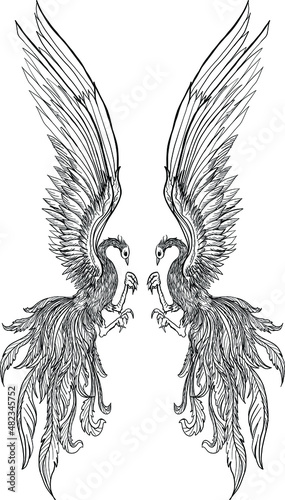 Phoenix Fire bird illustration and character design.Hand drawn Phoenix tattoo Japanese and Chinese style,Legend of the Firebird is Russian fairy tales and it is creature from Slavic folklore.
