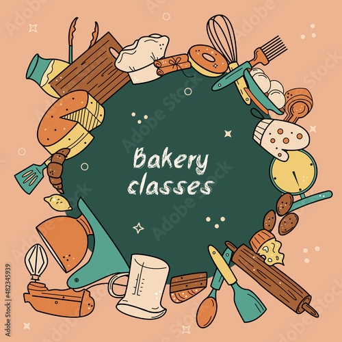 Baking classes and courses circle frame background. Vector illustration in doodle hand drawn style for border, banner, recipe book cover, bakery shop, cafe design menu
