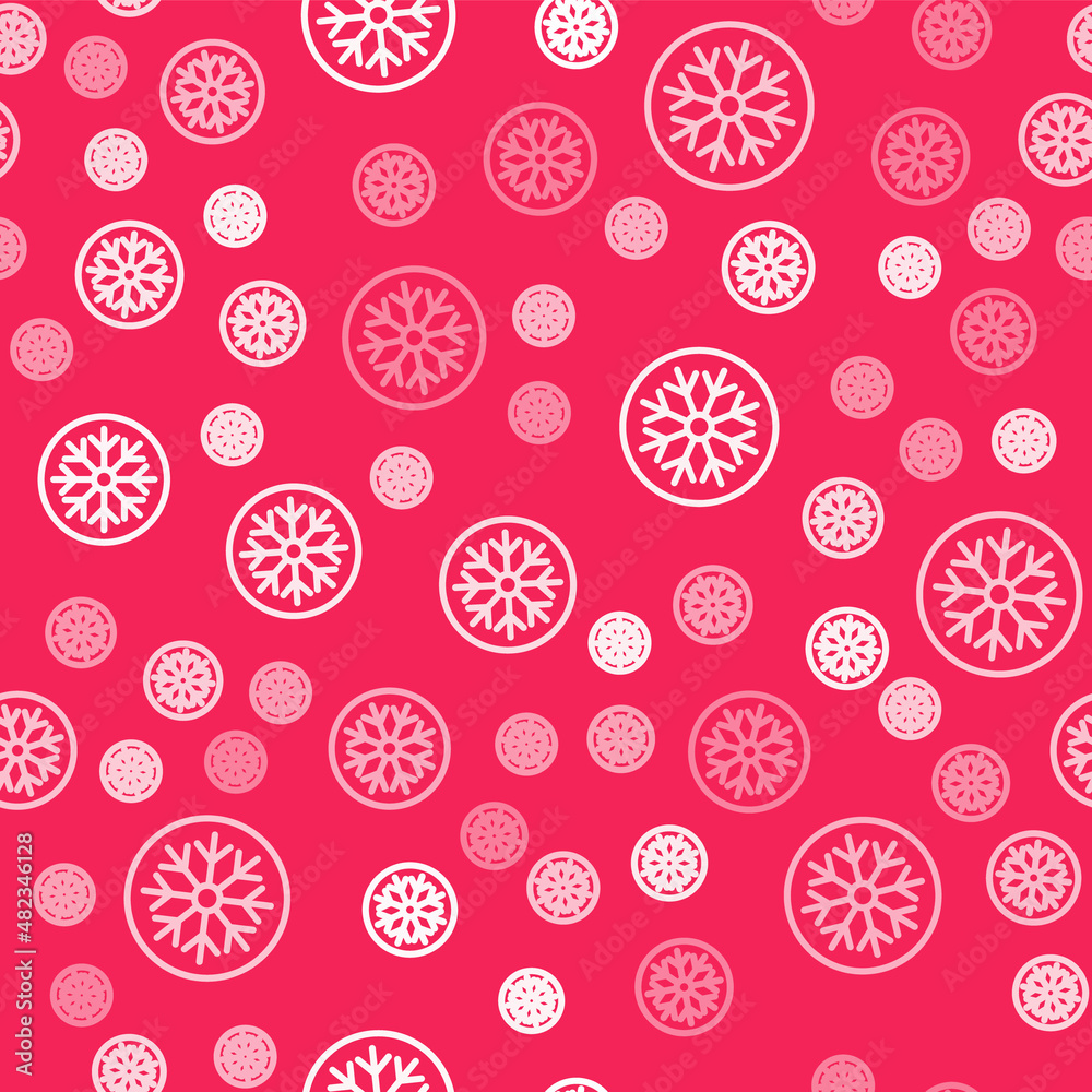 White line Snowflake icon isolated seamless pattern on red background. Merry Christmas and Happy New Year. Vector